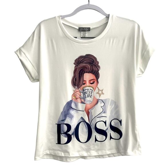 Short sleeve Tee Shirt with cuff sleeves. Image “Boss” Size: XL Color: White - Picture 1 of 4